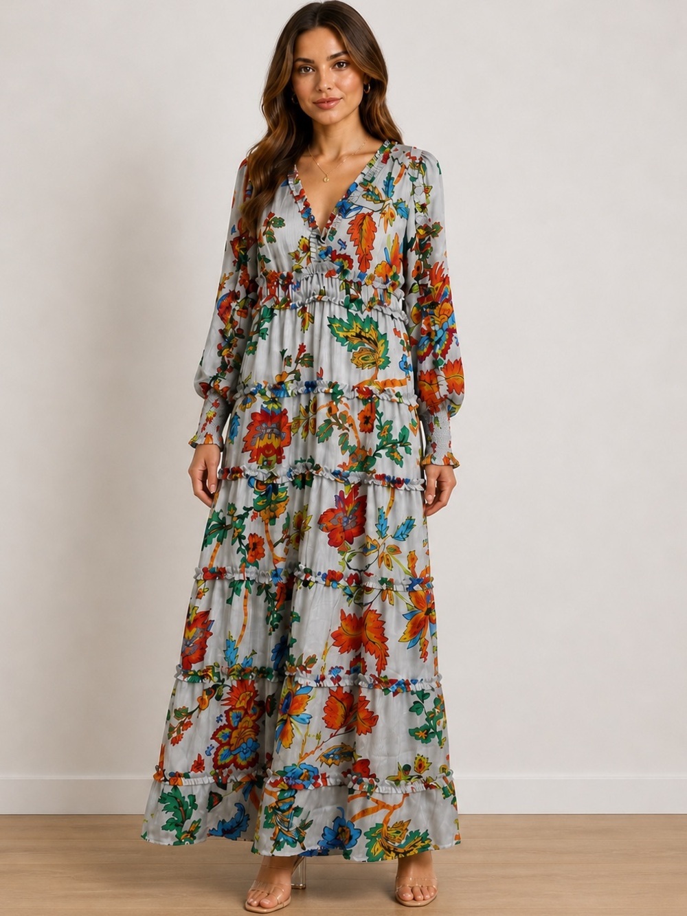 Chelsea & Violet Multicolor Floral Tiered Maxi Dress on Light Gray